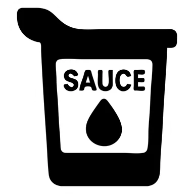 A sauce in a fast food packaging with a red background sticker