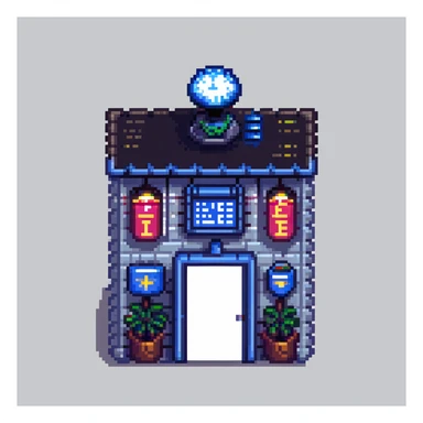 pixel art city police station with flashing lights and police sign sticker