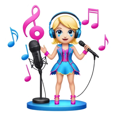 Create a vibrant and energetic emoji that represents pop or stage vocal performance. The design should feature a microphone on a stand, musical notes, and an illuminated stage or spotlight to symbolize the live performance aspect. Add an elegant stage costume, such as a suit or glamorous outfit, to emphasize the theatrical side of pop singing. Include elements like studio headphones, a music mixer, or a soundboard to reflect the modern, studio-based nature of pop vocal performance. Use bright colors like neon pink, electric blue, and gold to convey energy, creativity, and the glamour of the stage. The background should be transparent. sticker