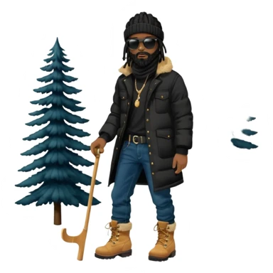 African American man with shoulder length black dreadlocks with black beard wearing black sunglasses wearing a black bubble winter coat wearing denim skinny jeans wearing wheat timberland boots with ski mask on sticker
