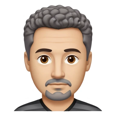 Man in his early 50s with tan complexion. Strong square jawline. Dark brown eyes with focused expression. Thick eyebrows. Black goatee with subtle gray hairs. Short curly dark hair with slight receding hairline. Slight confident smile. Wearing a black V-neck shirt with gray stripes. sticker