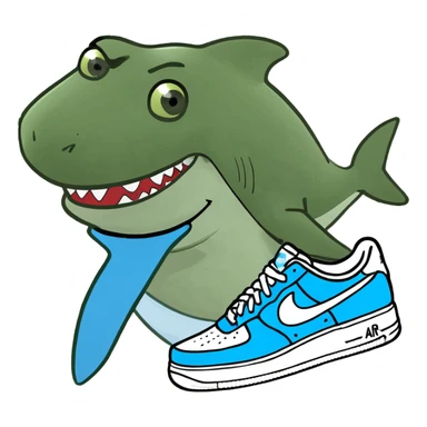 Shark standing on its feet wearing light blue Air Force one￼ sticker