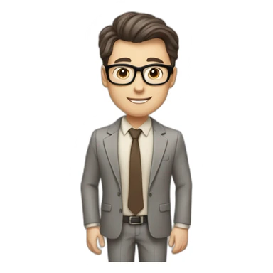 Pale skinned fit man with dark brown hair in gray jacket, beige office shirt, brown tie, brown pants and vintage glasses Writing text on a marker board sticker