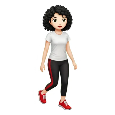 generate a pretty bratz fair skinned girl with curly black hair wearing a white tshirt trekking on a hill road with red sneakers on and black leggings.  Put a hill behind her sticker
