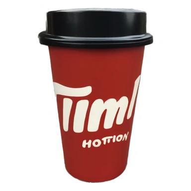“Red Tim Hortons coffee cup with large white ‘Tim Hortons’ logo in script, black plastic lid, and a simple, clean design.” sticker