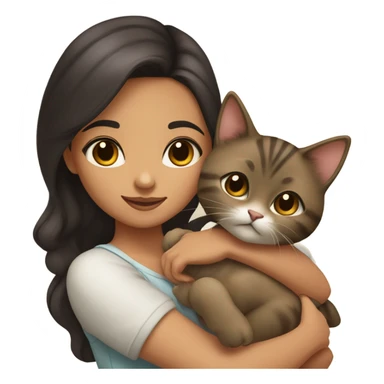 Eurasian girl with dark brown hair neutral tan olive skin long brown hair and brown eyes with arched brows holding a kitten sticker
