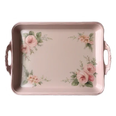 Light pink glass serving tray with handles, shabby chic style with floral print sticker