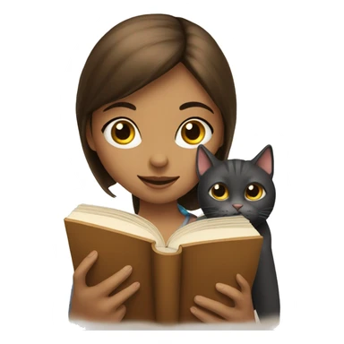 a girl reading a book and a cat sticker