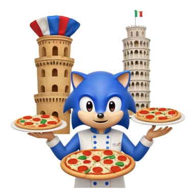 Humorous Sonic the Hedgehog in Italian chef outfit, holding pizza and spaghetti, surrounded by chaotic Italian symbols including Pisa, flags, pasta, red-checkered tablecloth, exaggerated and colorful, emoji style sticker