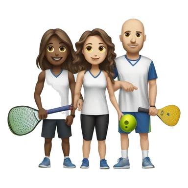 4 Caucasian people playing pickleball with 1 tall bald male, 1 shorter brown hair male, 1 girl with long brown hair, 1 girl  with brown hair sticker