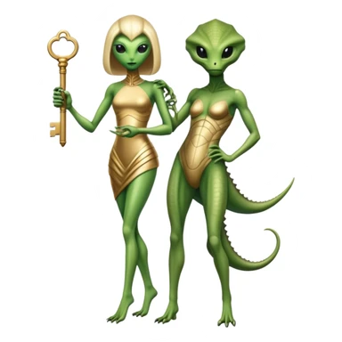 a reptilian alien woman full body, in gold dress, hold big key sticker