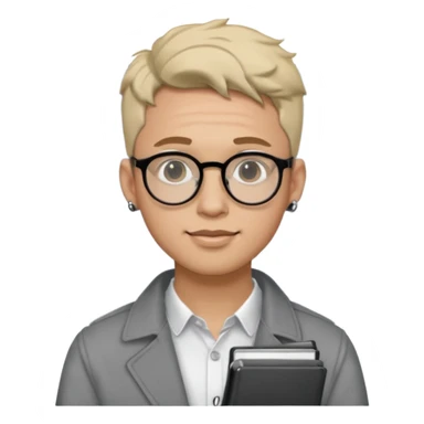 A man in his 20s wearing an apnotebook, wearing radio earrings, round glasses, achromatic clothes sticker