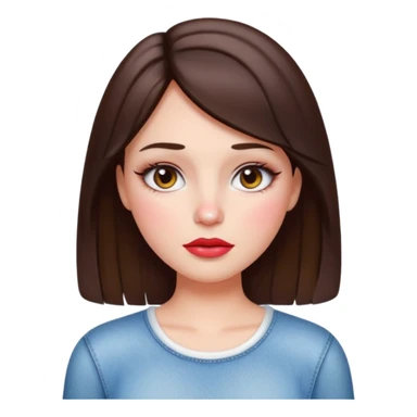 “Emoji brunette girl white top, dewy skin, heavy blush across cheeks and nose bridge, glossy cherry lips, soft eyeliner, teary sparkling eyes like hanni from new jeans sticker