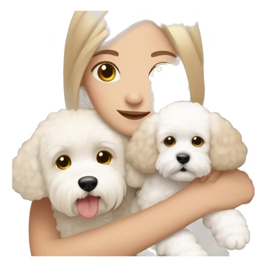 Girl with light brown medium length hair with brown eyes cuddling with her white Bichon frise with short hair sticker