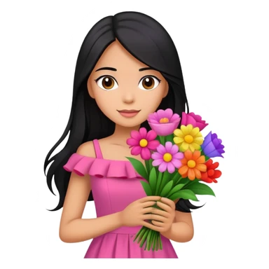 beautiful girl with long black hair wearing pink dress holding a colorful bouquet of flowers sticker