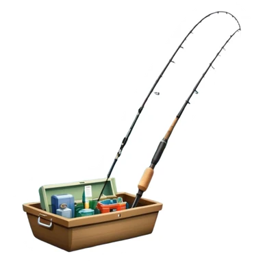 Icon for Fishing Travel: a boat on a calm lake surrounded by mountains and lush greenery, with fish jumping out of the water, a fishing rod, tackle box. The icon should capture the peaceful and adventurous nature of fishing trips. Transparent background. sticker