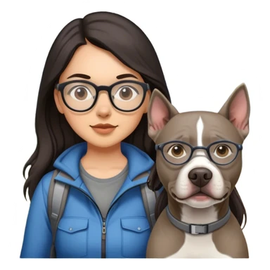 Girl with long dark hair and glasses hiking with grey pitbull sticker