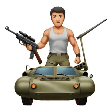 Icon for Action Movie: A vintage movie poster-style design featuring intense action scenes with explosions, weapons, and dramatic poses of Stallone. Include cars and helicopters flying out of flames in the background. Bold typography and retro cinematic style. Transparent background. sticker