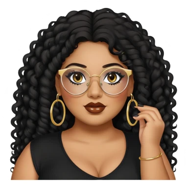 big plus size, latina, darker tan skin, gold hoops, long black curly hair, baddie,pretty, makeup, lipgloss, black eyeliner, long hair, black top, black glasses sticker