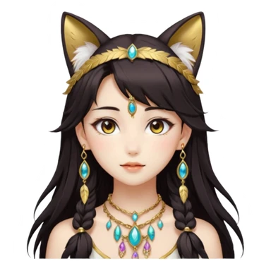 Beautiful gorgeous anime lady with beautiful dark-brown-special-hair, fashion aesthetic, ethereal, feather, accessories, gold jewelries, gold, colorful, feline ears sticker
