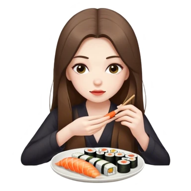 pale brunette girl with long looking down eating sushi sticker