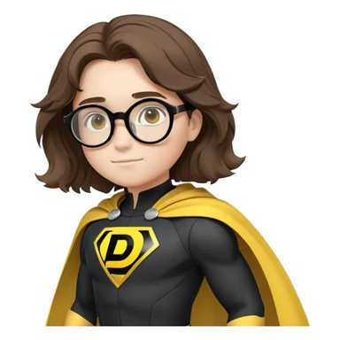 Типаж: молодой студенческий супергерой

Волосы: мягкие, волнистые, каштановые

Очки: большие, круглые/овальные, чёрные

Эмоции: ясные, тёплые, выразительные (никогда нейтральные)

Костюм: матовый чёрный с плавными жёлтыми линиями вдоль корпуса и рук

Плащ: ярко-жёлтый, с лёгкой динамикой

Эмблема: буква "D" на груди (интегрирована в ткань), на поясе — круглый символ

Пропорции: мультяшные, округлые, НЕ реалистичные и НЕ чиби

Стиль: Pixar-like 3D, тёплый свет, мягкие тени, объём
 sticker
