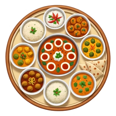 Indian thali platter with multiple small bowls of curries, rice, naan, and dessert sticker