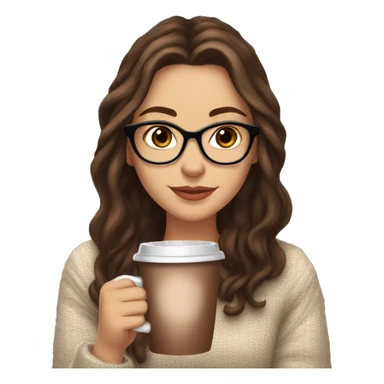 White girl with long brown hair and wearing glasses brown eyes and long lashes drinking hot cocoa with both hands looking cozy sticker