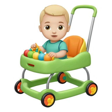 green baby walker with toys on it and on baby sticker