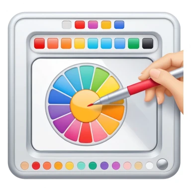 digital screen showing a basic logo being edited, with vector handles and a color palette sticker