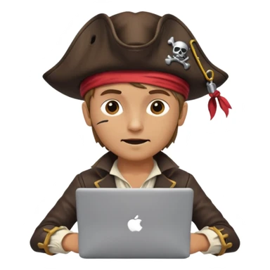 pirate dressed as a programmer, with a laptop, coding, playful and clever expression, modern pirate hat, tech gadgets sticker