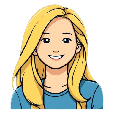 woman with long blonde hair, smiling, head tilted slightly, sticker style sticker