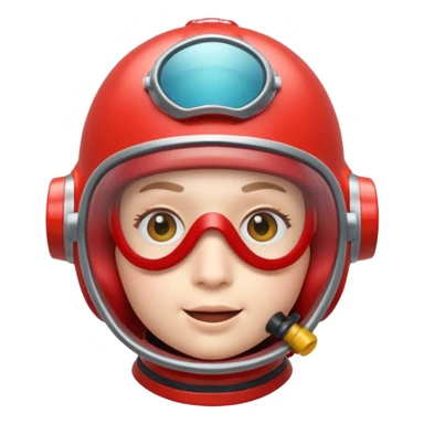 3D cartoon-style human character in the Apple emoji style, wearing a red diving helmet with glass visor sticker