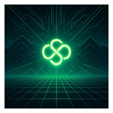futuristic neon digital artwork with symmetrical layout, central glowing logo resembling an abstract knot or infinity symbol emitting bright green light, background with grid pattern on lower half, upper half with stylized mountain shapes, geometric lines and patterns in green and blue, radiating lines from logo, sense of depth and movement sticker