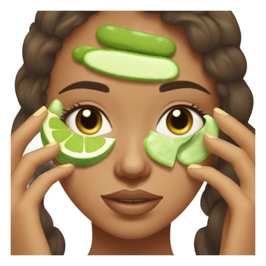 Girl with freackles Brown hair and white skin wears skin care mask Thats Green her eyes closed and two pickle round on it  sticker