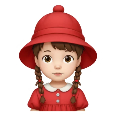 baby girl with brown hair and pigtails with a hat and red dress like My Neighbor Totoro movie sticker