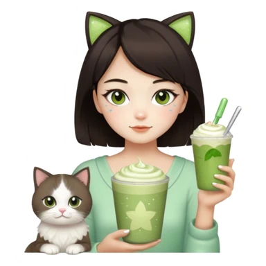 asian girl with shoart dark brown hair with a soft girl glowup aesthetic. matcha latte sparkles girly things, 2 ragdoll cats, skincare, makeup sticker