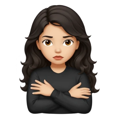 Hispanic girl with dark long wavy hair crossing her arms while pouting and wearing a black long sleeve shirt sticker