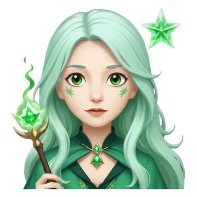 Woman with green skin color with long hair white color and carrying a magic wand sticker