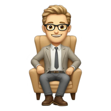 Joyful thrumbs up Pale skinned Fit Man With dark brown hair in gray jacket, beige office shirt, Brown pants and vintage glasses sitting In a soft chair sticker