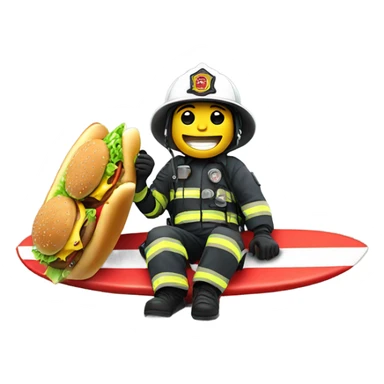 Firefighter eating a cheeseburger while on a surfboard sticker