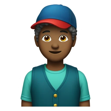 12 year old with a dark blue vest, a red shirt, and a teal hat with a pine tree on it sticker