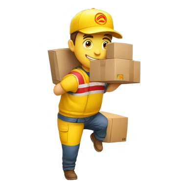 a delivery person with a yellow outfit with some red lines like the DHL logo. The delivery person carry somes carton boxes. sticker