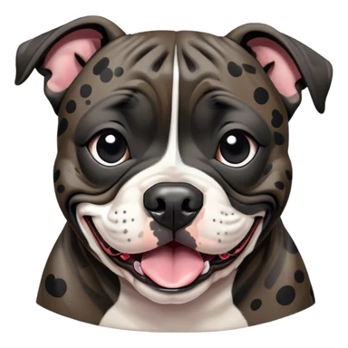 Cinematic Comical Black/Brindle Staffordshire Bull Terrier Portrait Emoji, Head tilted dramatically with an exaggeratedly amused expression, featuring a striking Fur with bold black and brindle patterns, wide, expressive dark eyes filled with playful disbelief, Simplified yet hilariously expressive features, highly detailed, glowing with a slightly sassy glow, high shine, dramatic yet playful, stylized with an air of cheeky mischief, bright and endearing, soft glowing outline, capturing the essence of a spirited and over-the-top guardian, so meme-worthy it feels like it could side-eye its way into internet fame instantly! sticker