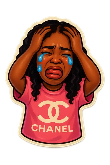  laughing with Tears rolling down face 
Mouth Pout
hands on head 
pink chanel shirt 
head down
 sticker