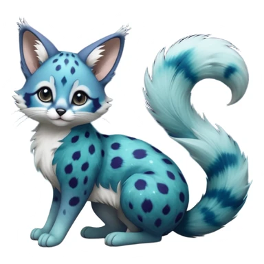 Hyper realistic  galaxy-swirl indigo-teal fur scattered with star-salt sparkle grains beautiful elegant pretty precious cute  Fakémon-Pokémon-opossum-feline-serval-caracal-chinchilla-Furret-Minccino-hybrid-creature with a big fluffy bushy tail (full body) sticker