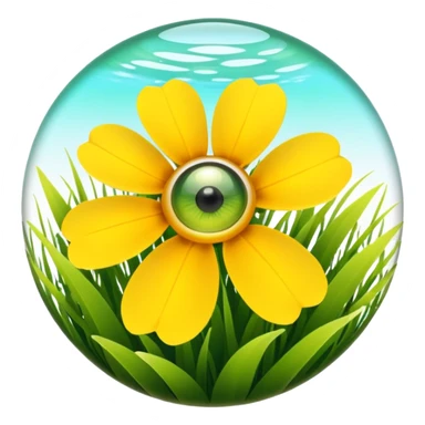 yellow flower in a grassy area with a bright sun in the sky, fish eye lens effect sticker