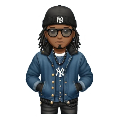African American man with shoulder length black dreadlocks with black bead wearing black sunglasses with wearing denim skinny jeans wearing black bubble winter coat wearing black New York Yankees baseball hat and  timberland boots with arms folded sticker