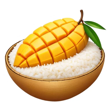 Cinematic Realistic Mango Sticky Rice Dessert Emoji, showcasing sweet sticky rice paired with ripe mango slices and coconut milk rendered with lifelike detail and warm, inviting lighting. sticker