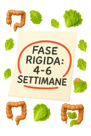 EMOJI STILE IPHONE DI UN foglio di carta fluttua in aria con la scritta "FASE RIGIDA: 4-6 SETTIMANE" CERCHIATA A PENNA IN ROSSO, ATTORNO AL FOGLIO FLUTTUANO PICCOLI TRATTI DI COLON UMANO IN STILE EMOJI E FOGLIE DI INSALATA, REALISTICA 4K sticker